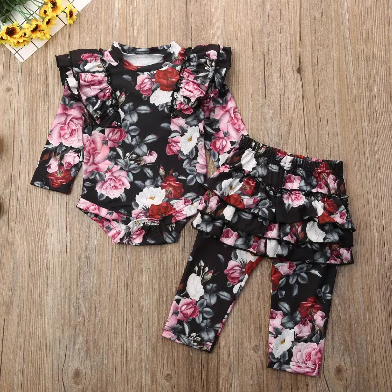 Emmababy одежда с цветочным рисунком для маленьких девочек; комбинезон с длинными рукавами и оборками в стиле пэчворк; штаны с цветочным принтом; леггинсы; комплект осенней одежды