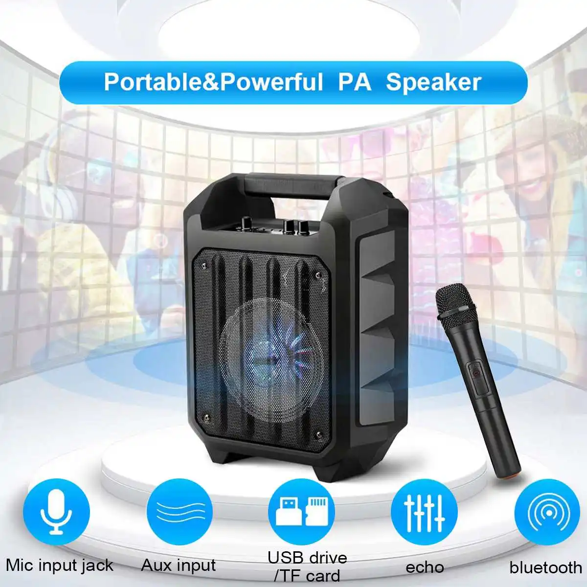 

Portable PA Speaker with Wireless Microphone Wireless Loudspeaker Sound System USB stereo Audio Music surround Outdoor Speaker
