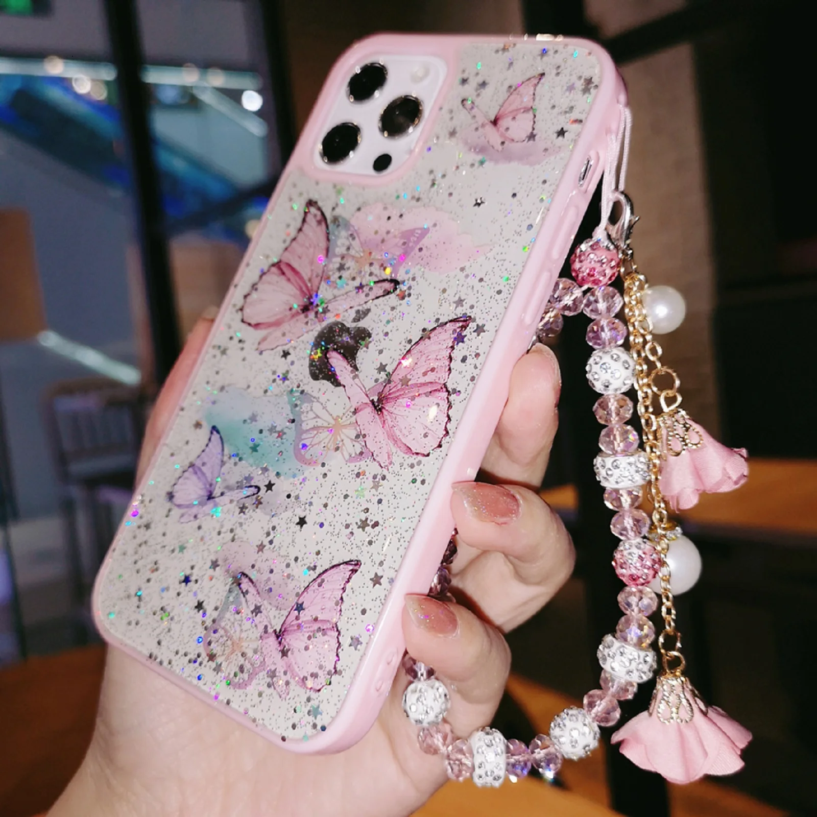 

Flower Strap Glitter Butterfly Soft Shockproof Phone Case For iPhone 12 Mini 11 Pro Max XS Max XR X 7 8 Plus SE Clear Cover