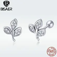 BISAER, серьги для женщин, 925 пробы, серебро, прозрачный CZ лист, серьги-гвоздики в форме растения, хорошее ювелирное изделие, серьги, Femme Bijoux HSE431