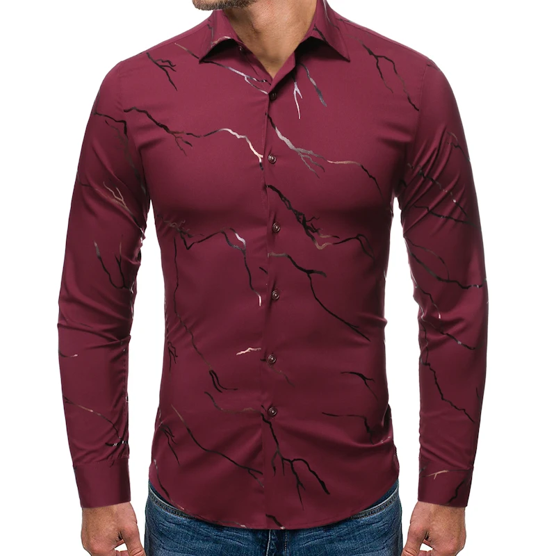 Качественная брендовая мужская одежда, рубашки, повседневные, бронзовые, с принтом молнии, с длинным рукавом, облегающие, деловые, формальные, Camisa Social, уличная одежда - Цвет: CS40-Wine