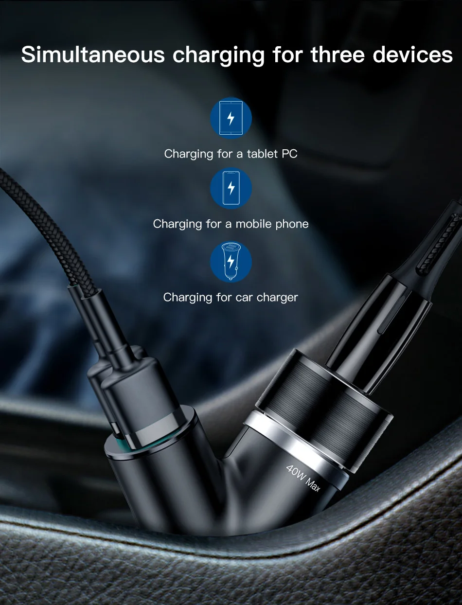 Baseus 40W 3.4A Dual USB Автомобильное зарядное устройство 3 в 1 быстрая зарядка для iPhone 11 samsung 12 V-24 V мобильный телефон автомобильный адаптер сигареты в автомобиле