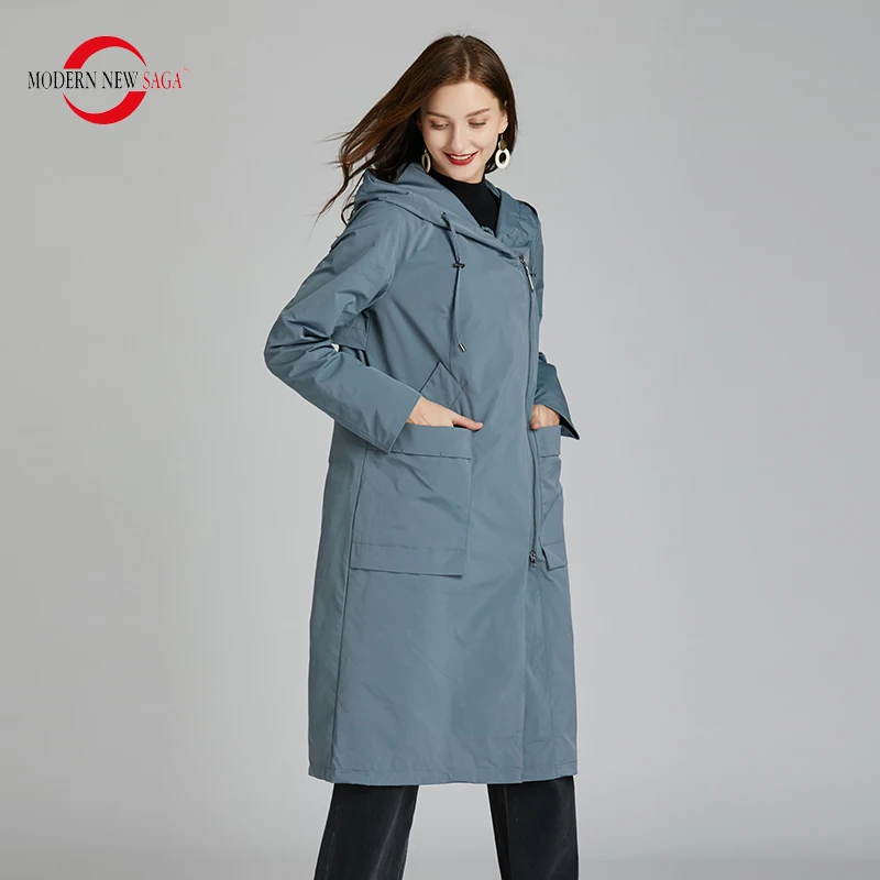 MODERN NEW SAGA 2020 Women Trench Coat Spring Long Coat Hooded Fashion Women Coats Autumn Ladies Windbreaker Pocket Plus Size