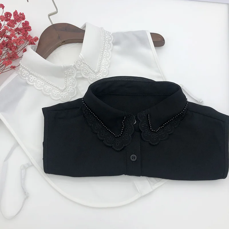 

Sitonjwly Fake Collar Vintage Solid White Black Tie Detachable Collar Lapel Beads False Collar Removable Women Accessories