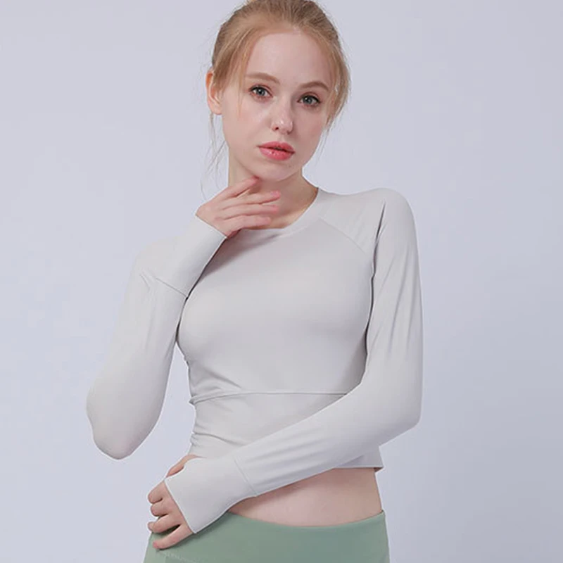 grey Zhangyunuo, рубашка для йоги с длинным рукавом, спортивные топы, одежда для фитнеса, укороченный топ для спортзала, для женщин, с пряжкой для большого пальца, для поясницы, сексуальный, однотонный, с открытой спиной, для тренировок - Цвет: grey