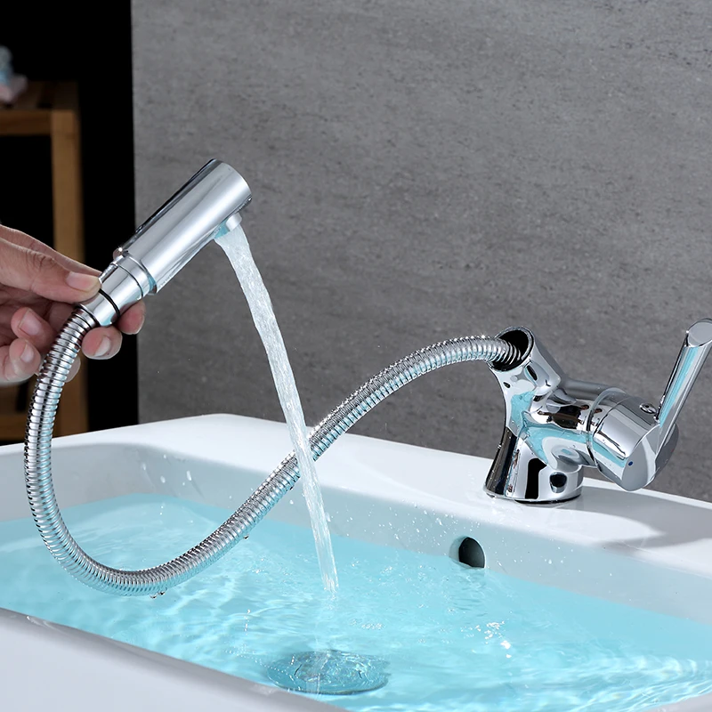 SHAI Basin Faucets Brass Chrome Modern Pull Out And Down Bathroom Faucet Kitchen Sink Faucet Toilet Mixer Tap Hot Cold Water