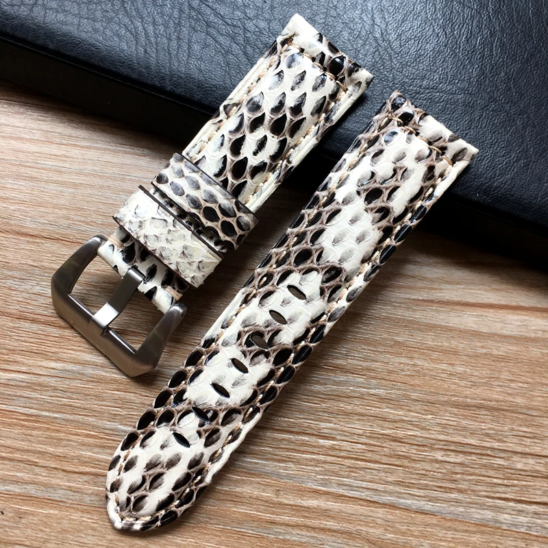White silver buckle Высокое качество Мода ручной работы 22 мм 24 мм Зеленый Белый змеиной кожи кожаный ремешок для Panerai PAM ремешок для часов в стиле милитари браслет - Цвет ремешка: White silver buckle