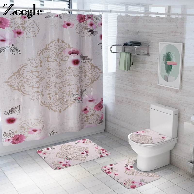 Zeegle Floral Printed Shower Curtain for Bathroom Cover Toilet Seat Anti Slip Europe Bath Mat Set Absorbent Bathroom Carpets