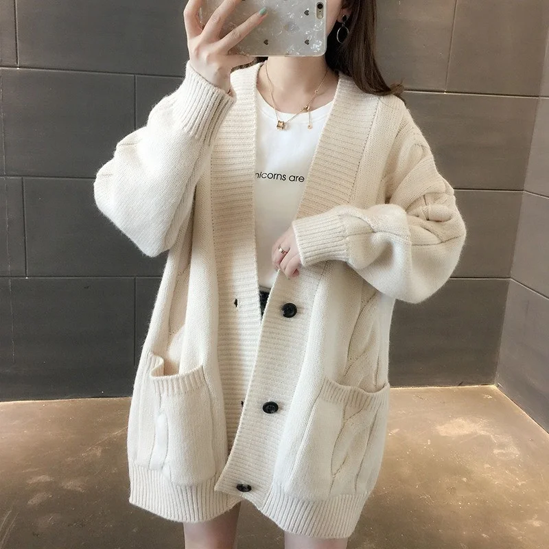 Women Cardigans Sweater V Neck Solid Loose Knitwear Single Breasted Casual Knit Cardigan Outwear Winter Jacket Coat AA5117 - Цвет: 1