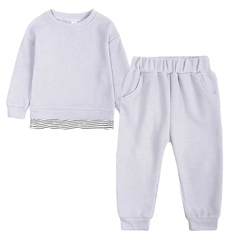 Kids Clothes Set Infant Baby Girls Boys Waffle Suit Solid Long Sleeve T