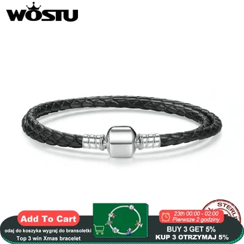 

100% 925 Sterling Silver & Two Circle Genuine Black Leather Rope Chain Charm Fit Bracelet For Women Men Fine Jewelry XCHS911