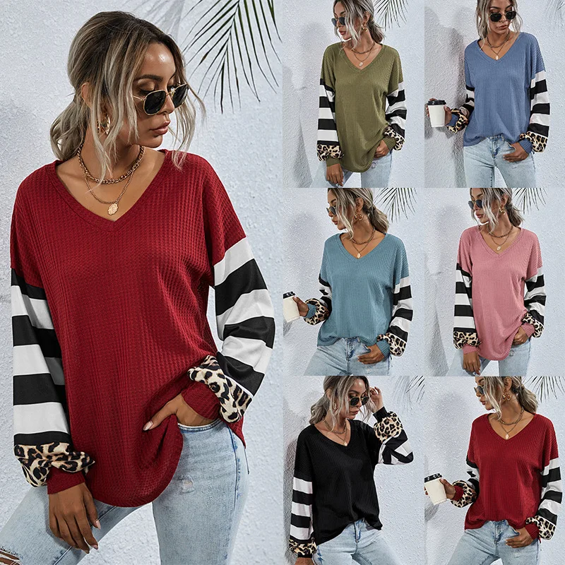 

Autumn and Winter V-neck Stripe Stitching Long-sleeved T-shirt Women European and American Women's Knitted Blended Casual Wear
