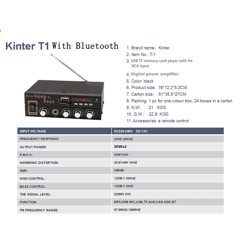 AABB-Kinter T1 2.0CH усилитель аудио с микрофоном/USB/TF/FM/AUX воспроизведение стерео звук управление бас для Домашнего Караоке автомобиля ЕС разъем