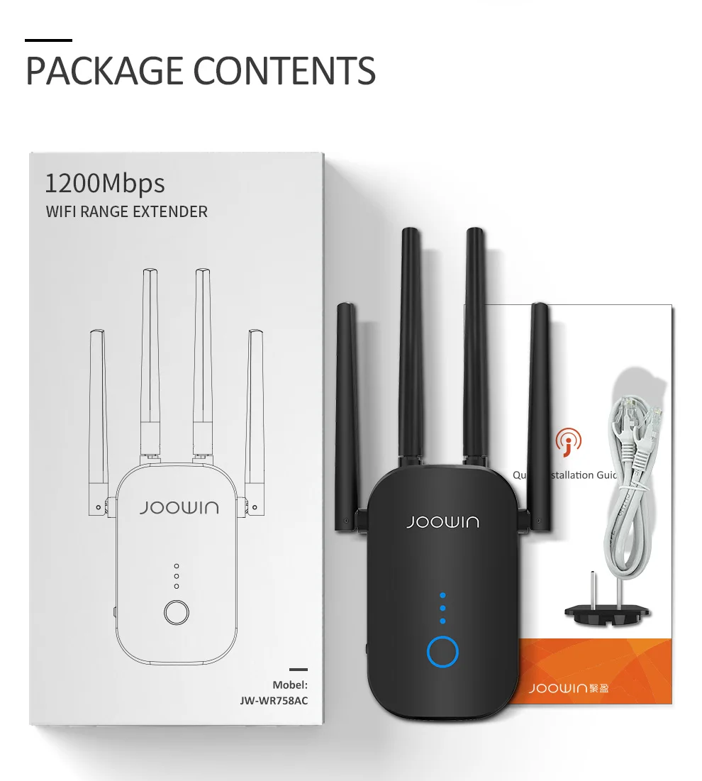 Joowin High Speed 1200Mbps Wifi Repeater Dual Band 2.4G&5.8G Wireless Extender Use 4*3 dBi Antennas Long Signal JW-WR758AC