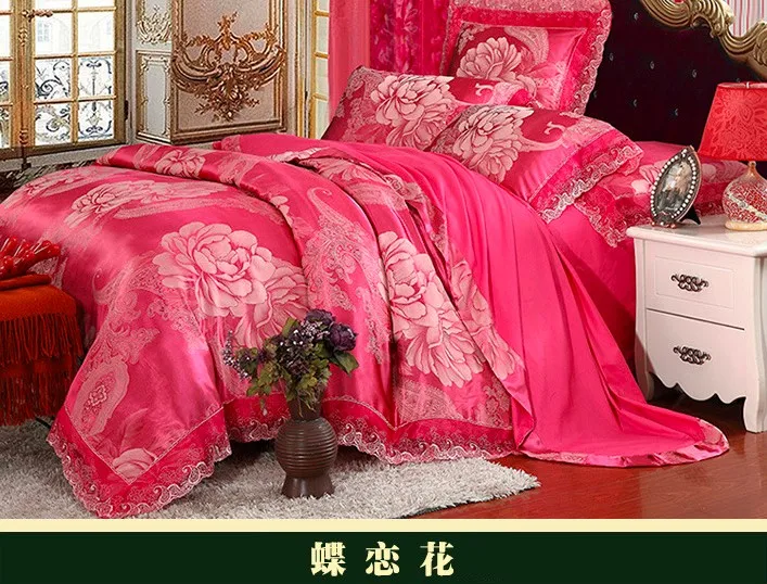 Luxury Satin Bedding sets White Jacquard duvet cover set Lace bed sheet sheets linen quilt bed in a bag King Queen size 4PCS - Цвет: 7