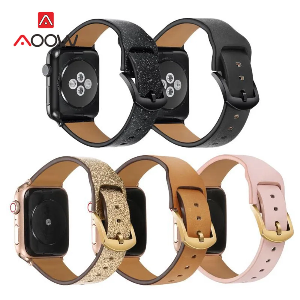 

Shining Genuine Leather Watchband for Apple Watch 4 5 38mm 42mm 40mm 44mm Rose Gold Clasp Bracelet Band Strap for iWatch 1 2 3