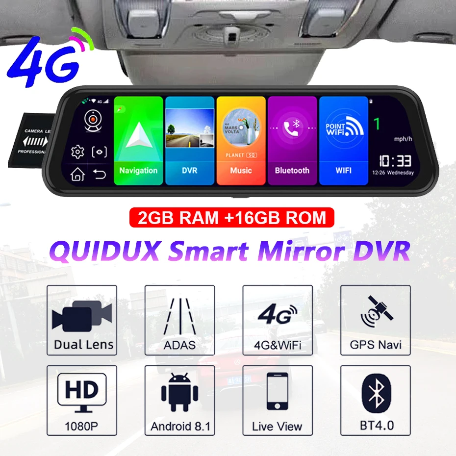 QUIDUX Автомобильный видеорегистратор gps камера-навигатор 4G 1" Android поток медиа зеркало заднего вида FHD 1080P gps зеркало видеорегистратор 2 ГБ+ 16 Гб