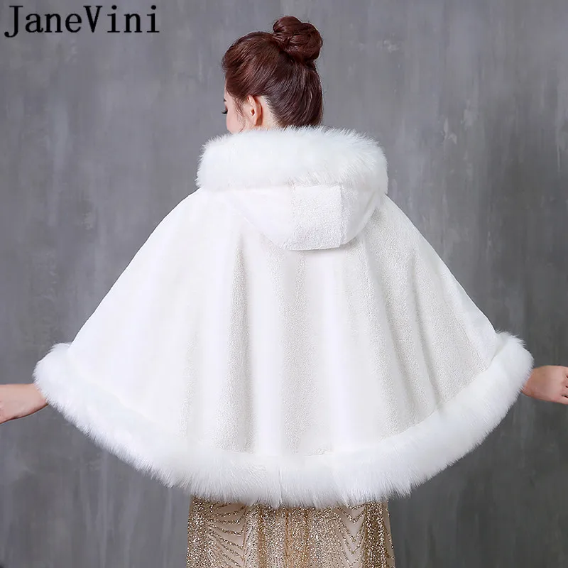 JaneVini Winter Women Fur Coat with Hat Hooded Faux Fur Wrap Wedding Dress Bolero White Shrugs Cloak Capes Stoles cape mariage