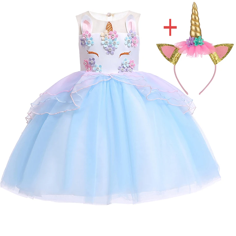 Единорог платье для девочки;кружевной нарядное принцессы платье для девочки;новогодний костюм для девочки;День рождения праздничное платье для девочки;карнавальные костюмы для девочек;детские платья 2 3 4 6 8 9 10 лет - Цвет: Blue