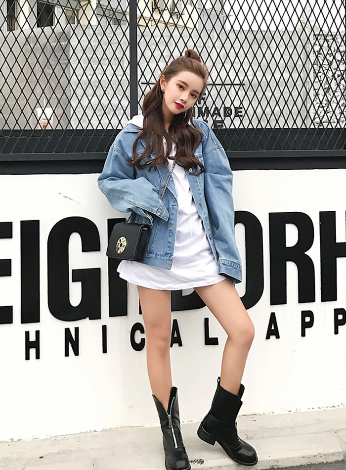 Liva girl Solid Turn-down Collar Denim Jacket for Women Loose Casual Blue Fashionable Women Coats Female outwear Denim Jakcet