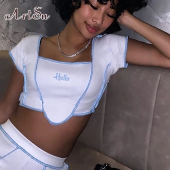 

ArtSu Embroidery Knitting Crop Tops Skirts Two Pieces Sets Women 2020 Summer Skirts Suits Pink Fashion Streetwear ASSU20313