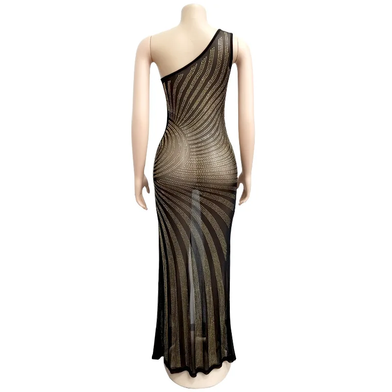 SUJYing New Winter Women's Sexy Mesh Ironing One Shoulder Split Dress Mesh See-through Party Dew Shoulder Sleeveless Women Dress