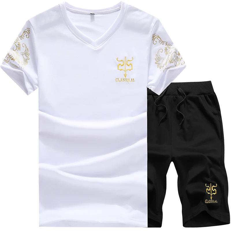 Summer new men's V-neck embroidery T-shirt set boutique solid color casual shorts suit large size fashion casual sports suit men Summer new men's V-neck embroidery T-shirt set boutique solid color casual shorts suit large size fashion casual sports suit men