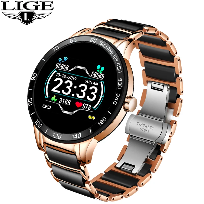 LIGE Men Smart Watch Ceramic Strap Waterproof Sports Fitness Tracker