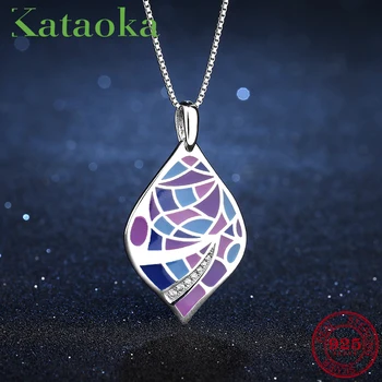 

2018 Summer New design 925 Sterling Silver charms Leaf shape colorful Purple blue Pendants Necklace luxury Party Jewelry Enamel
