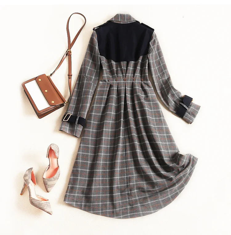 Fall Winter Fashion Plaid Coat Long Fashion Stitching Grey Jacket Double-breasted Loose Belted Coat Female Windbreaker