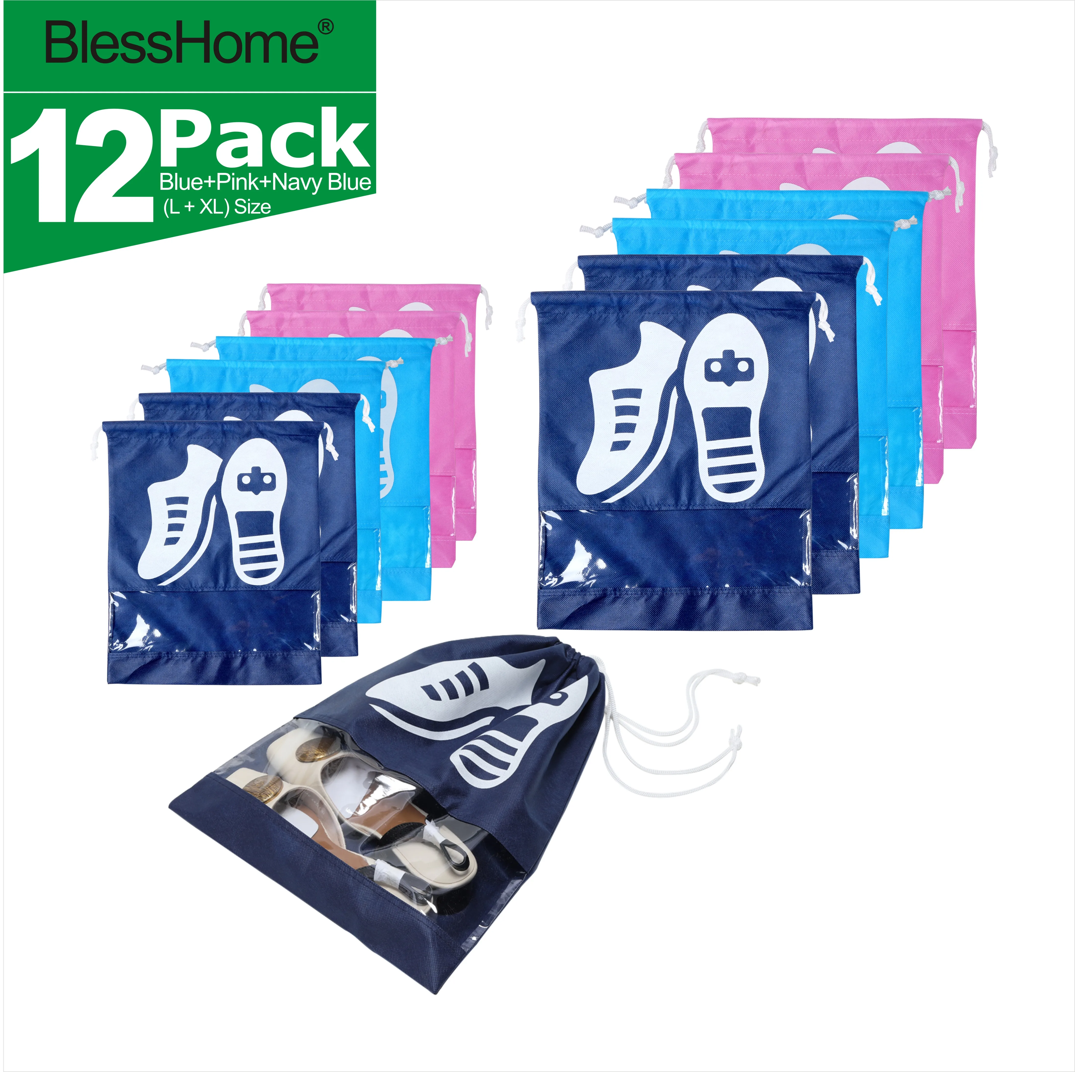 

BlessHome® 12pcs Pcs Shoe Storage Bags Dust-Proof Drawstring with Transparent Window Travel Shoe Bag