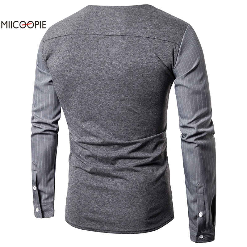 Casual Solid Long Sleeve Shirt Men Slim Fit Shirt Youth Fashion Mens Shirts Striped Square Neckline Shirt