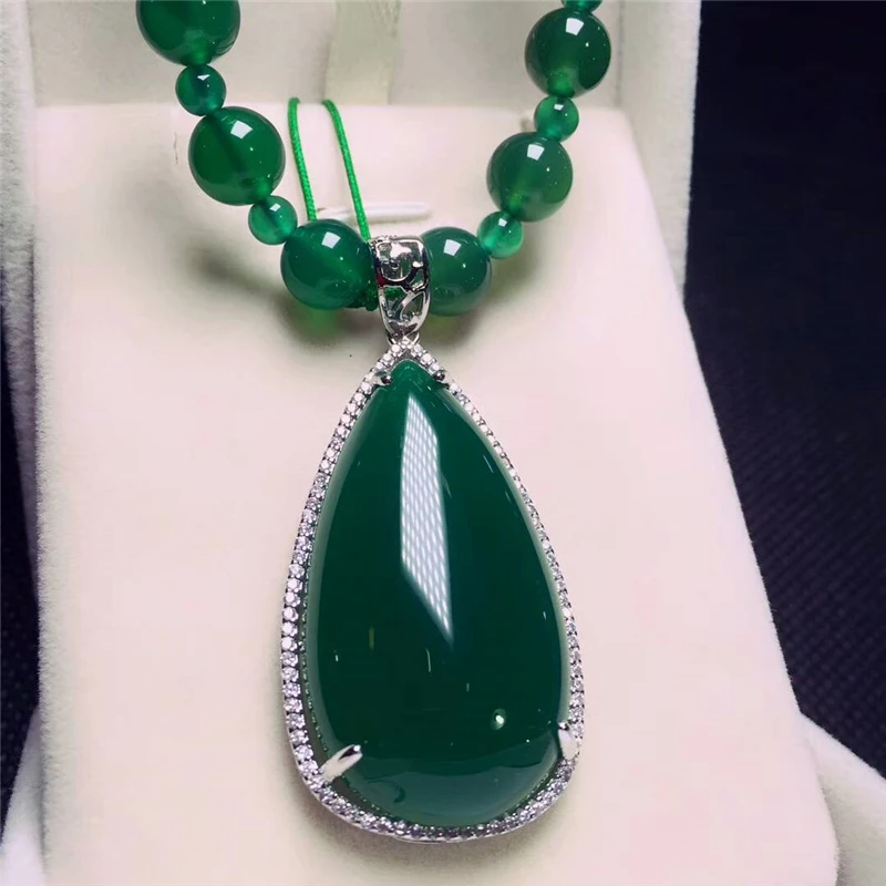 LETSFUN Fine Jewelry 925 Серебряный инкрустированный Натуральный Зеленый Халцедон подвеска в форме капель воды ожерелье свитер цепь Подарки