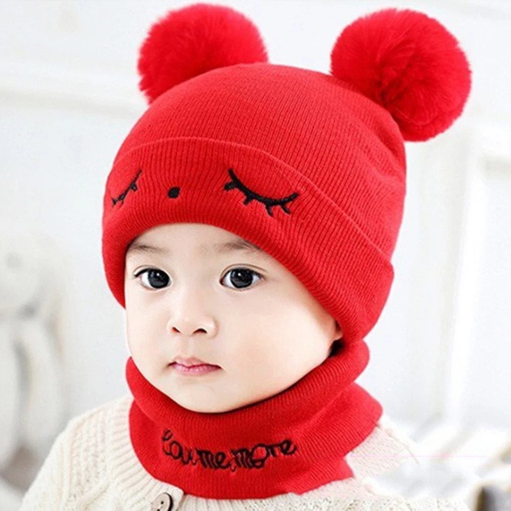 Style2 red CYSINCOS детская зимняя шапка, 2 предмета, одноцветная шапка для маленьких девочек и мальчиков, зимняя теплая вязаная шапочка+ шарф, теплый комплект, детская шапка - Цвет: Style2 red
