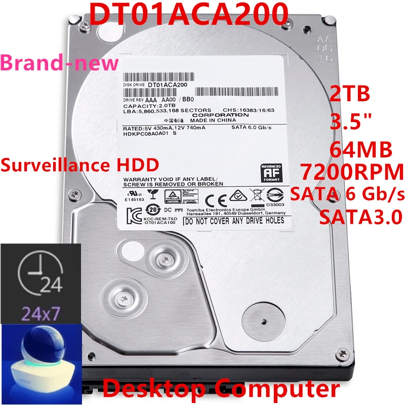 Nuovo Hdd Originale Per Toshiba 2Tb 3.5 "Sata 6 Gb/S 64Mb 7200Rpm Per Hdd Interno Per Hdd Di Sorveglianza Per Dt01Aca200