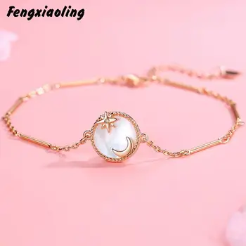 

Fengxiaoling 100% Genuine 925 Sterling Silver Star Moon Shell Round Charm Bracelets For Women Fine Jewelry Cute Accessories
