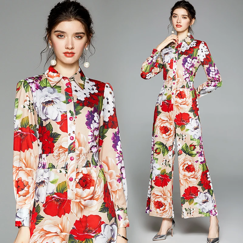 2020 New Runway Designer Autumn Rompers Turn Down Neck Long Sleeve Elastic Waist Floral Print Playsuits Women Long Jumpsuits