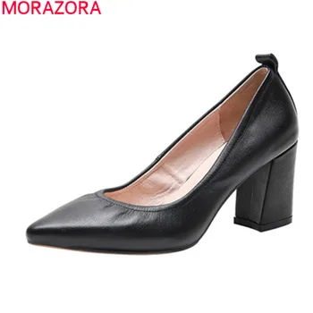 

MORAZORA Women pumps 2020 fashion party dress shoes genuine leather shallow pointed toe ladies single shoes black