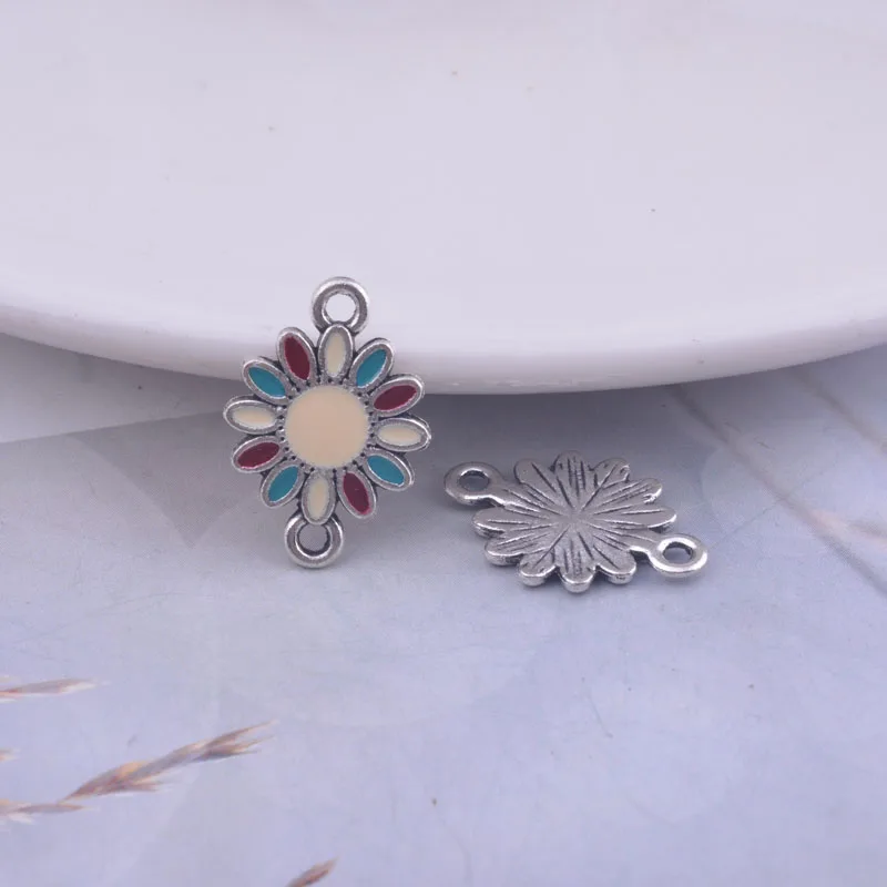 골동품 골드/실버 색상 14*19mm 에나멜 꽃 귀걸이 커넥터, 더블 홀 커넥터 펜던트 베이스 커넥터, 12 개