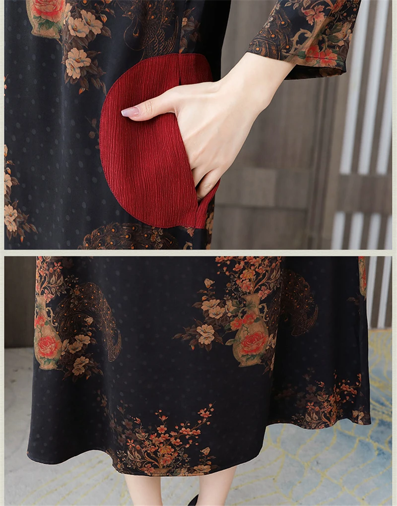 Spring Autumn Chinese style dress for women long Full sleeved dress ladies improved cheongsam dress Printing fragrant cloud yarn