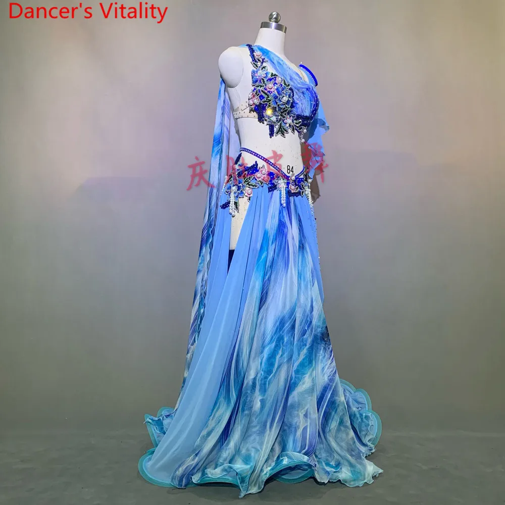 Женская одежда для соревнований по танцам живота, подгонянный бюстгальтер из бисера с юбкой из рыбьей кости Robbon, индийский комплект для выступлений
