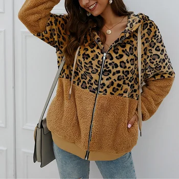 

Women Leopard Stitching Hodded Jacket Tops Winter Long Sleeve Jacket Coat FEA889