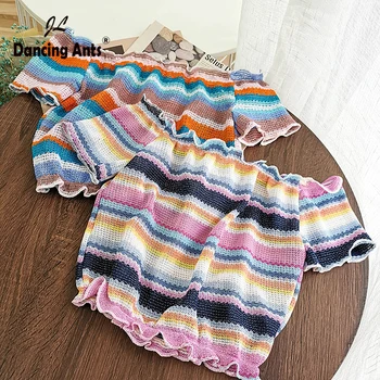 

Woman Blouse Slash-neck Short Sleeve Knitted Top Female Elegant Patchwork Colorblock Blusas Sweet Pullover