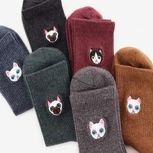 Осенние и зимние японские хлопковые носки, одноцветные хлопковые носки без пятки с вышитыми рисунками, носки унисекс с вышитыми котами