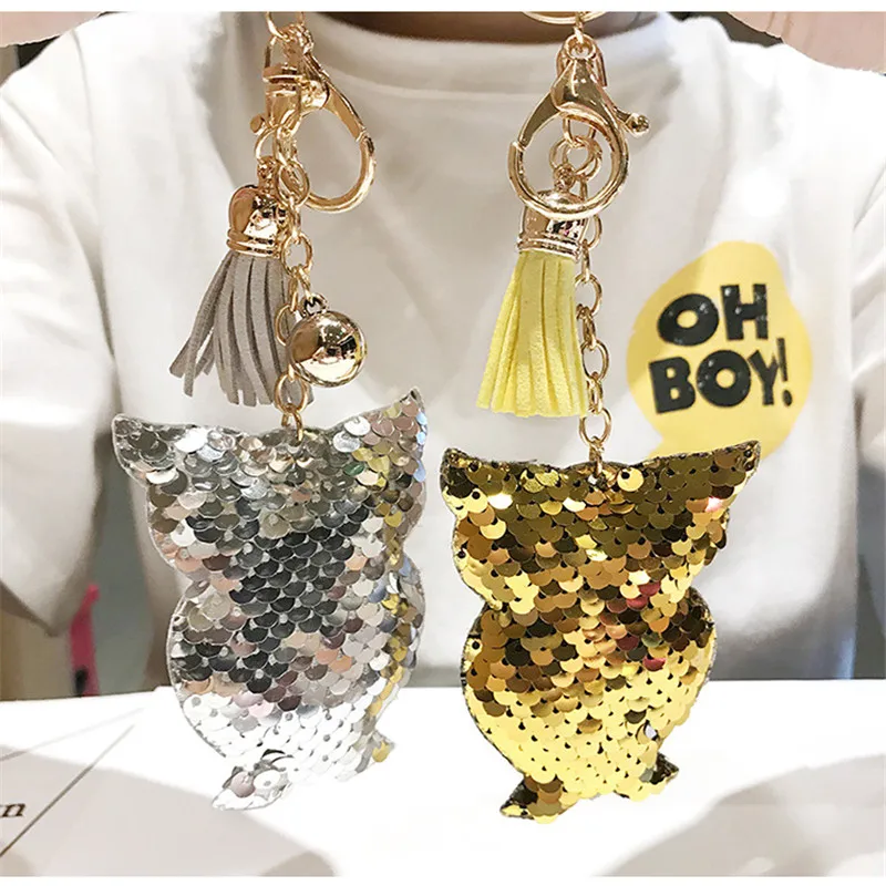 

Glitter Sequins Keychains Keyfobs Rings with Shiny Bling Owl Pendants Tassel Accessories Cute Fashion Gift 2019 Hot K07