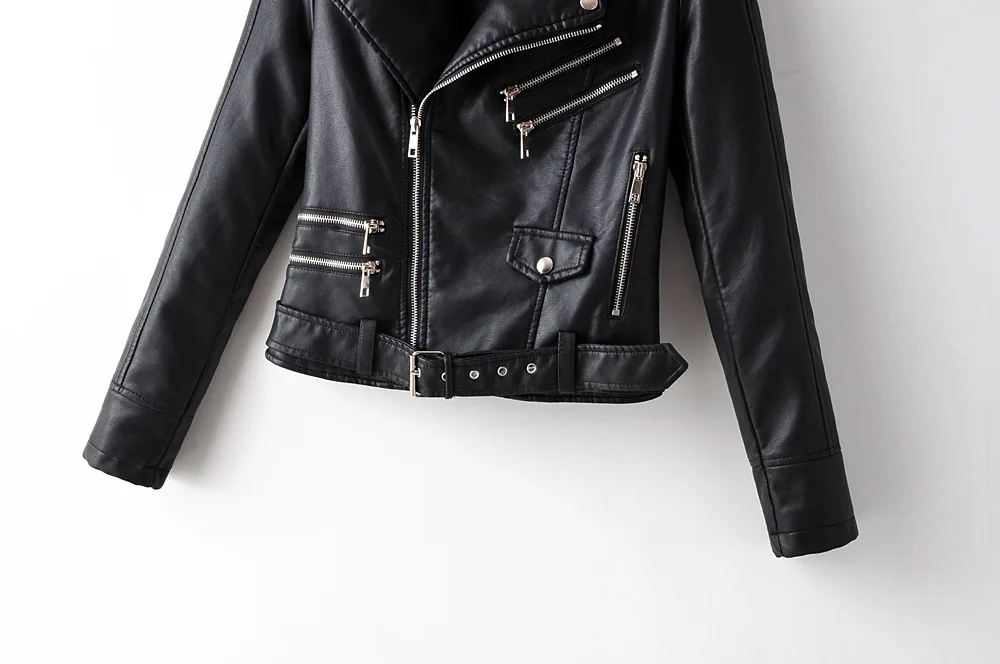 Spring Autumn Women's PU Leather Jacket With Belt Red Black Zipper Motorcycle OL Casual Jacket Plus Size Christmas Outwear