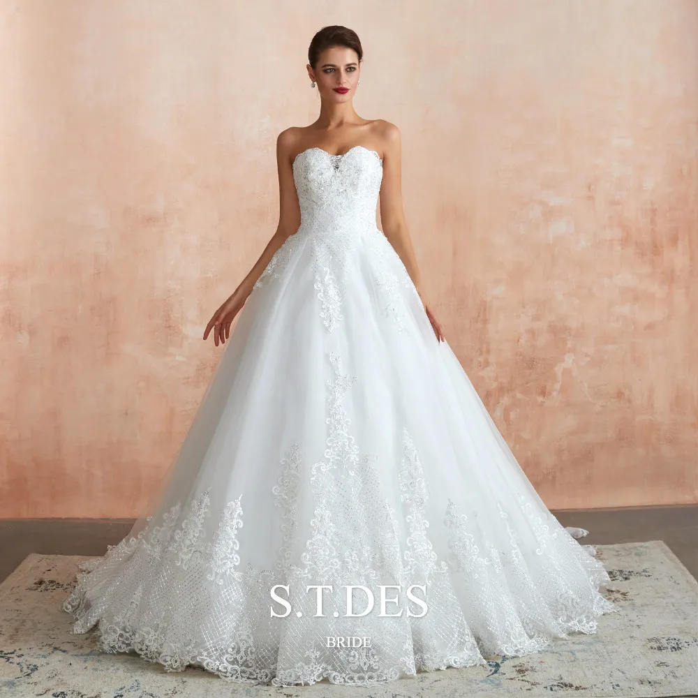 

2020 S.T.DES Elegant Strapless Sweetheart Sequins Embroidery Lace Bride Gown Sweep Train Wedding Dress For Woman