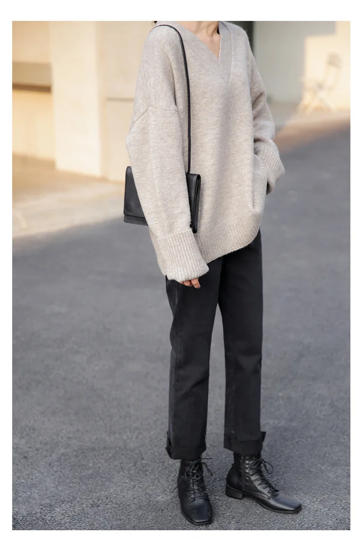Зимний пуловер сплошного цвета с длинным свободным свитером с v-образным вырезом образным вырезом женский большой размер