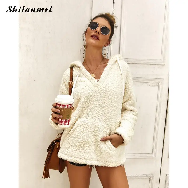 Women Fleece Hoodies Autumn Plush Casual Hooded Pullovers V Neck Female Sweatshirt Winter Warm Pocket Teddy Pullover Mujer