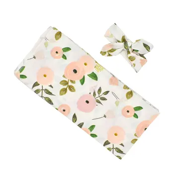

Girl Boys Photography Props Toddler Party Gift Swaddle Blanket Headband Set Floral Print For Shower Newborn Baby Sleeping Home